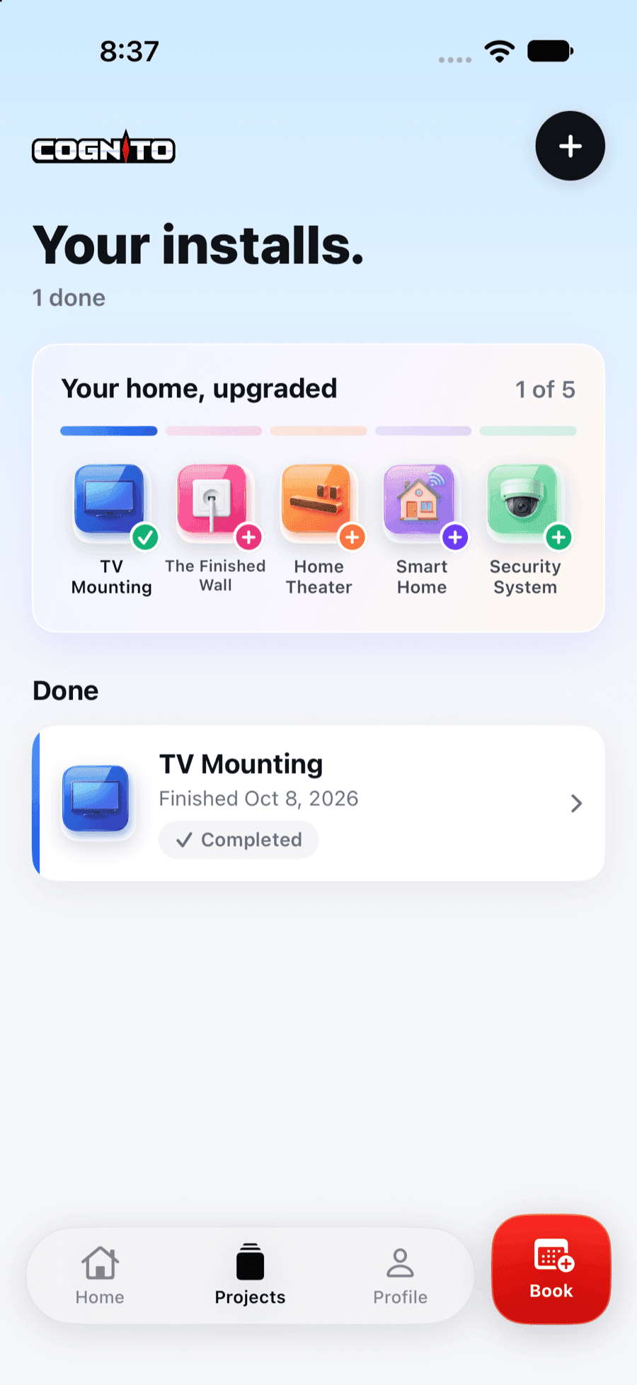 Cognito app Projects screen listing upcoming installs