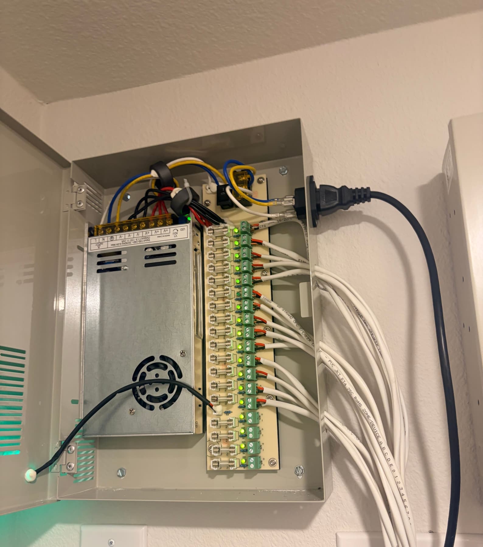 Low-voltage distribution enclosure with terminated network and power wiring in a Dallas home