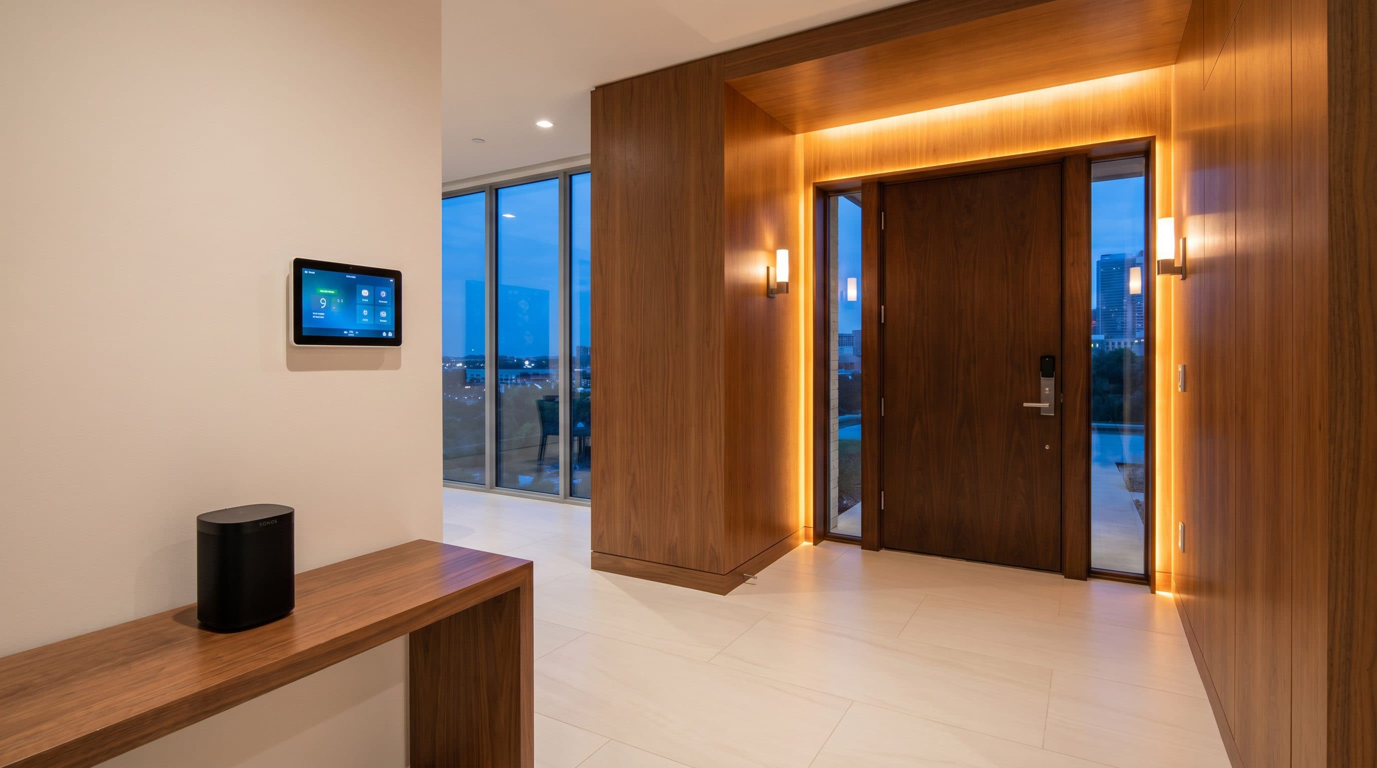 Modern Dallas smart home entryway with integrated lighting and automation controls