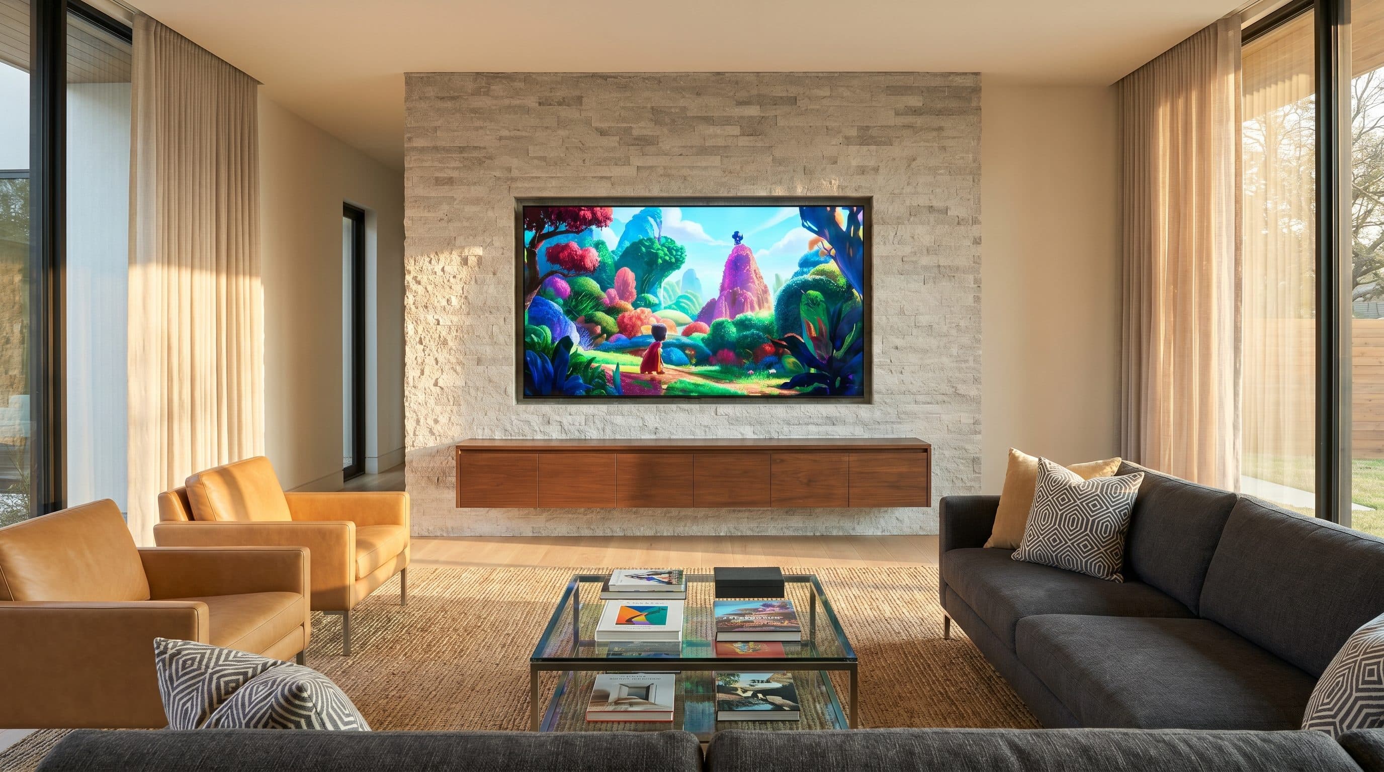 Large flat-screen TV professionally wall-mounted in a Dallas living room with hidden wires