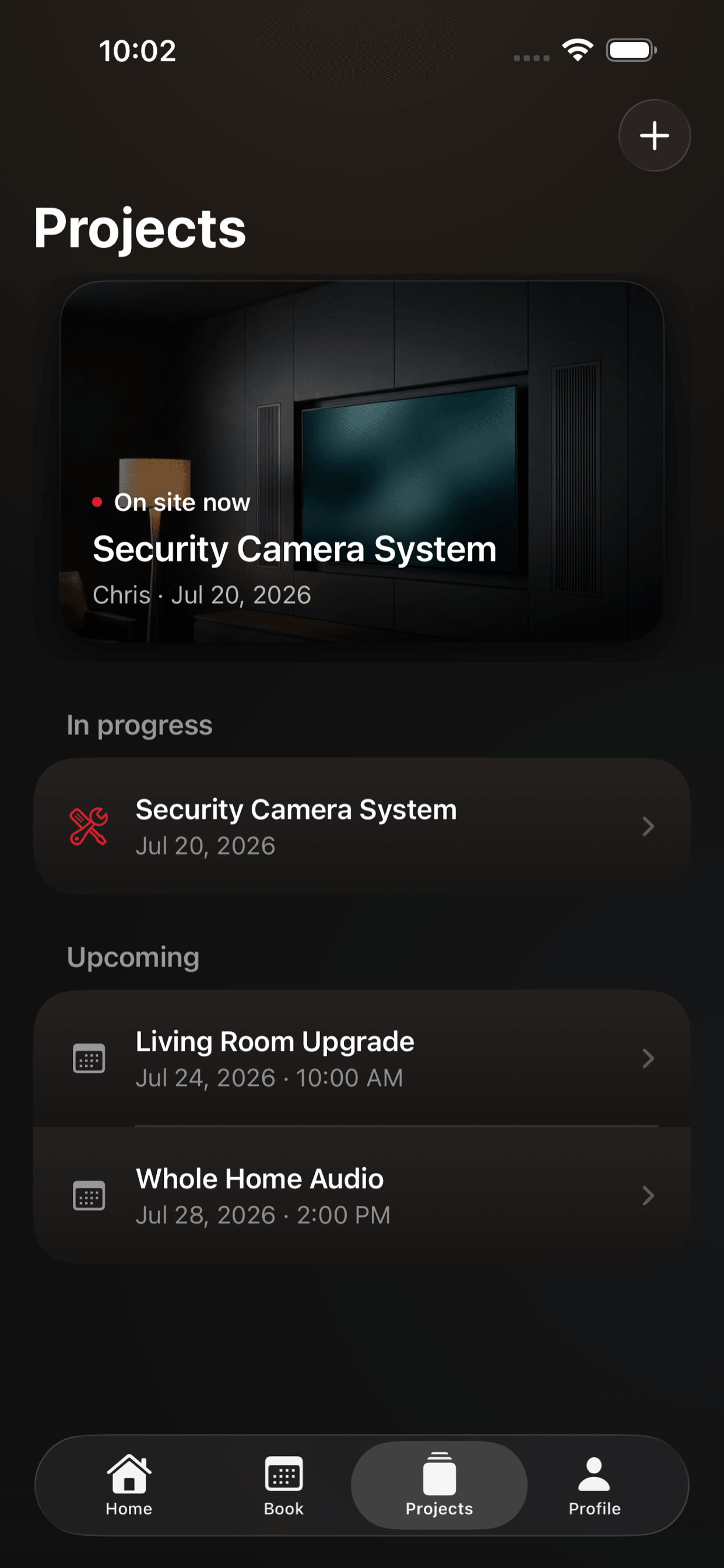 Cognito iPhone app project tracking interface displaying active security camera and living room installations