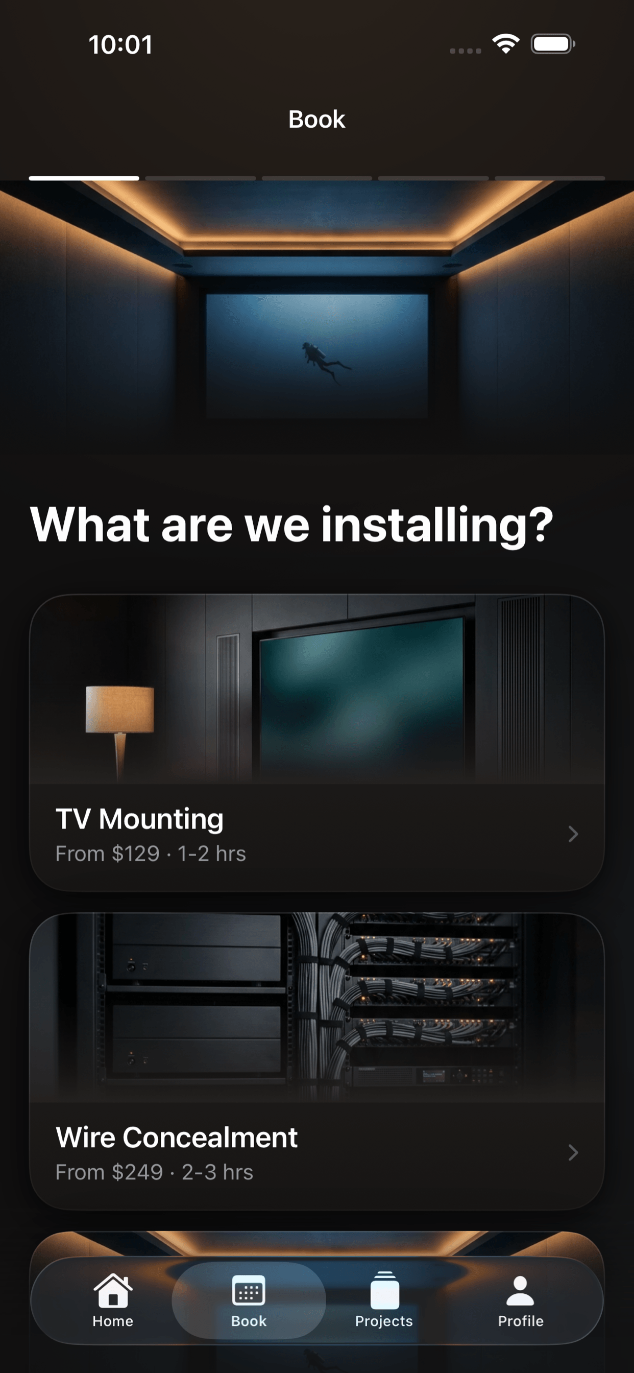 Cognito iPhone app booking screen showing TV mounting and wire concealment selection