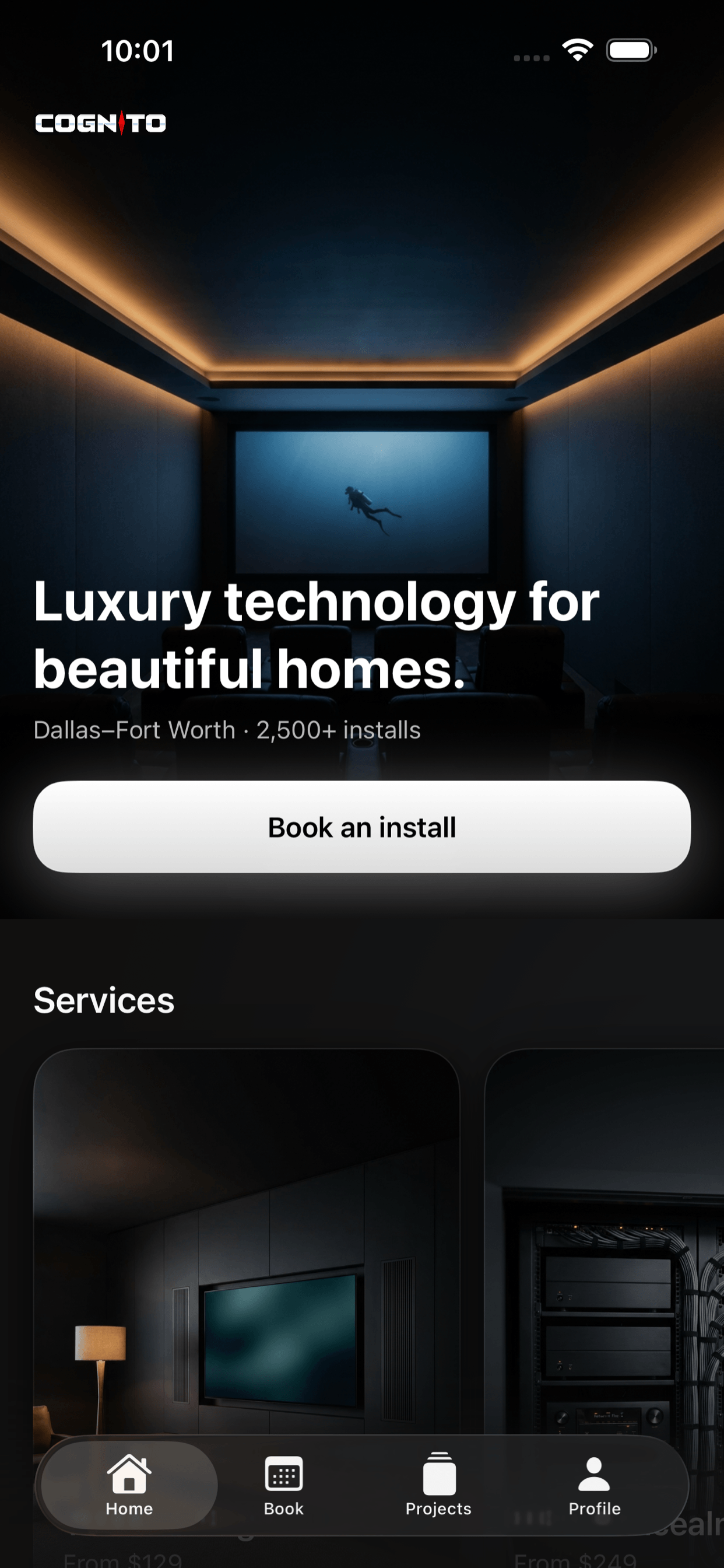 Cognito Media Services official app home screen emerging at conclusion of launch
