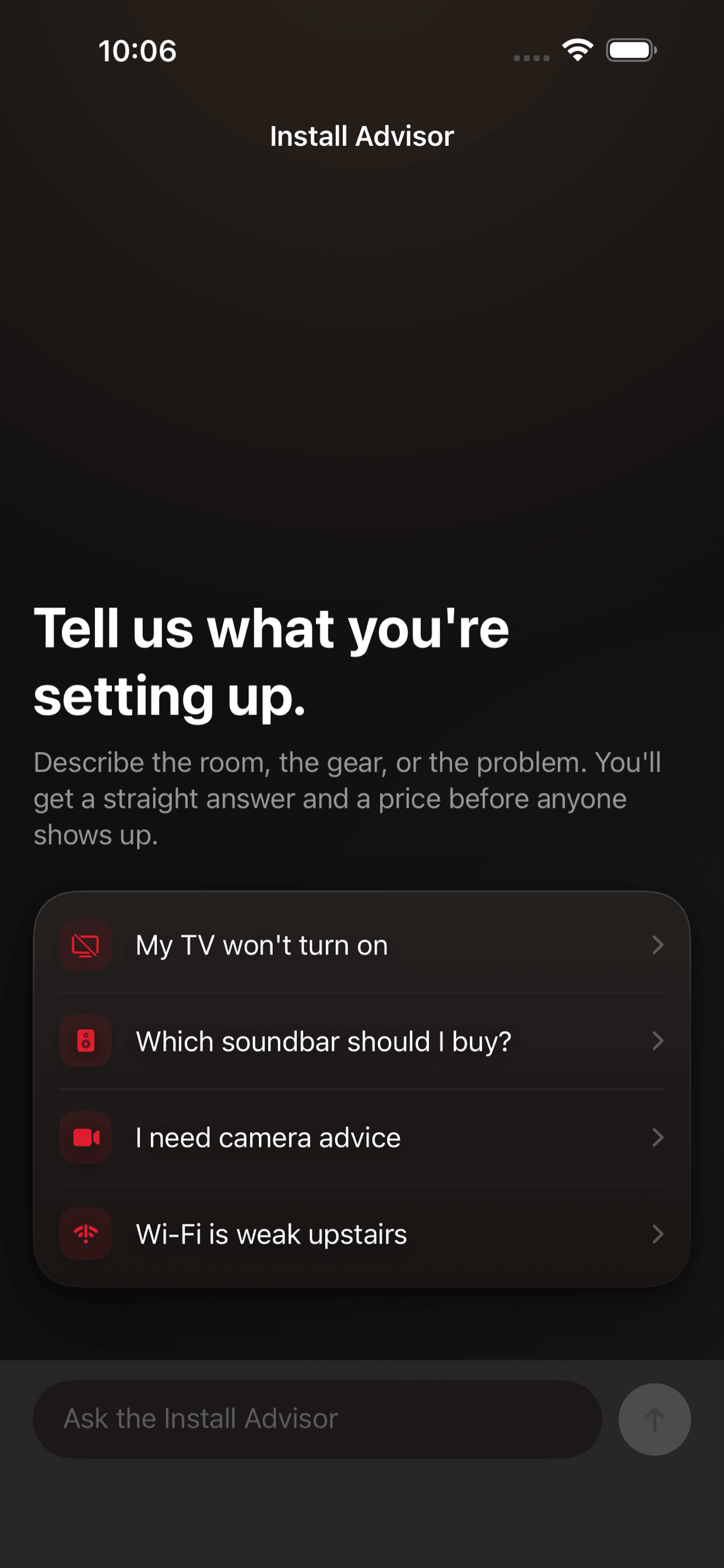 Cognito Install Advisor chat interface answering technical questions before installation