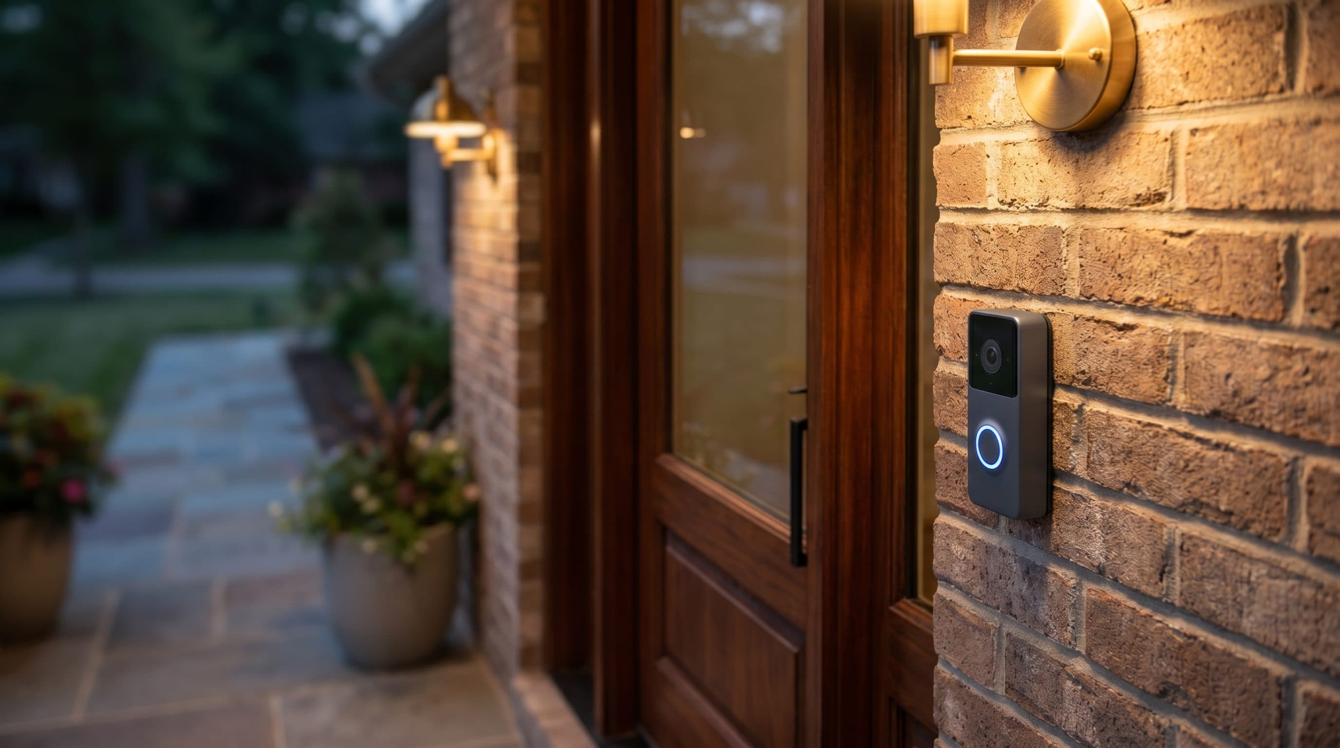 Video doorbell installed at a Frisco home entry at dusk