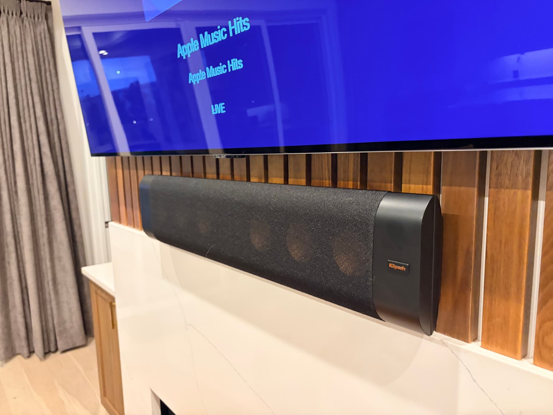 Klipsch Soundbar on a Walnut Slat Wall