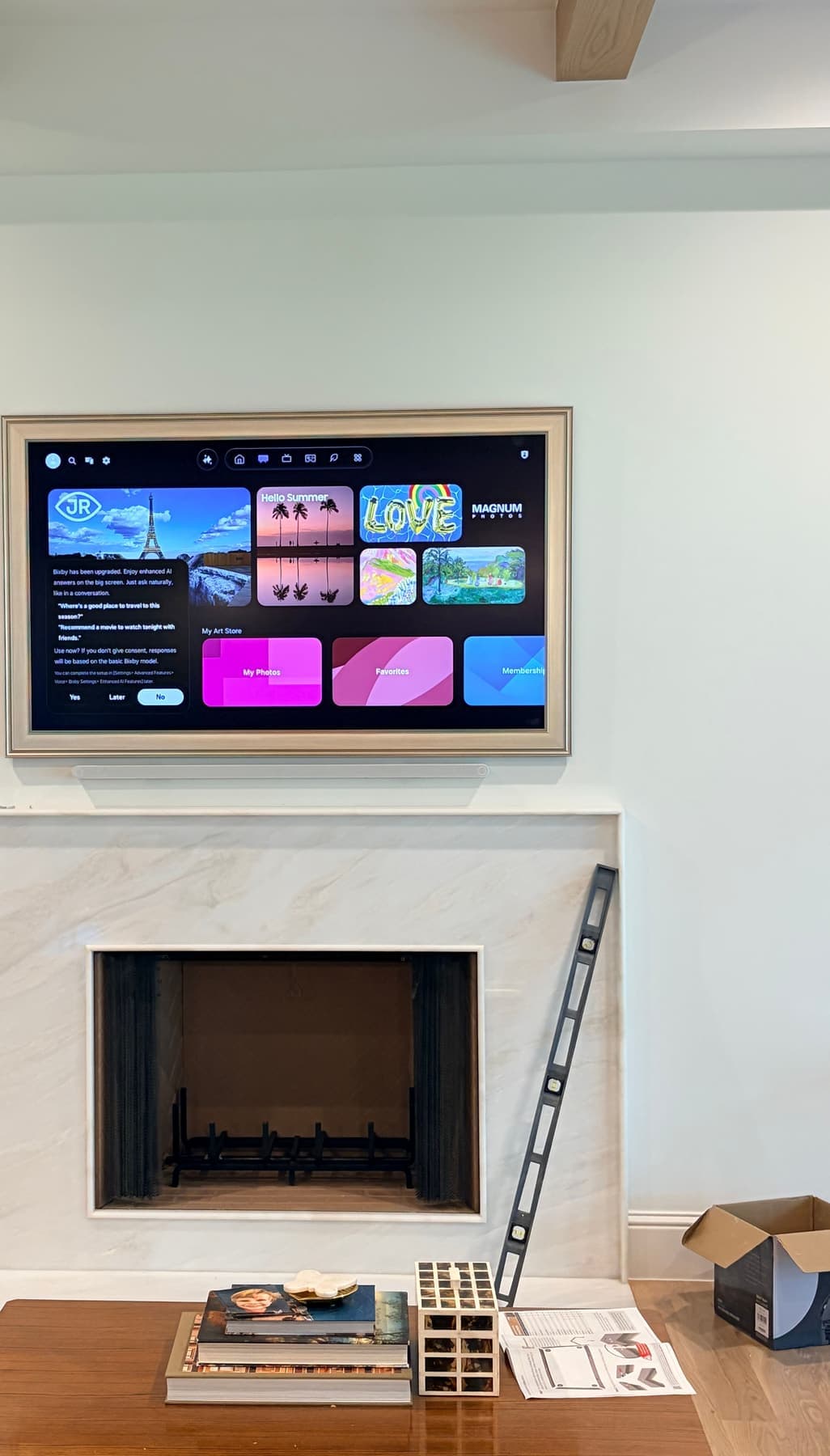 Frame TV, Marble Fireplace, Coffered Ceiling