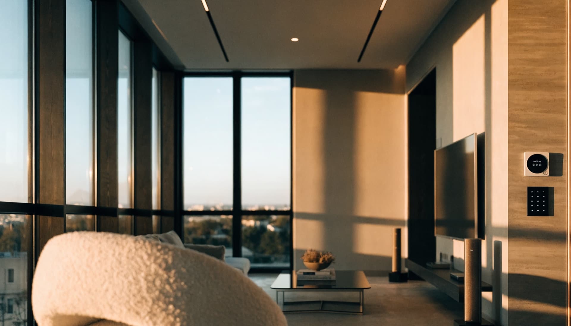 Smart home installation in a Dallas living room — wall-mounted TV, Sonos audio, and integrated smart lighting controls